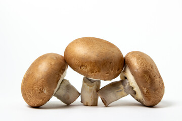 Brown champignons on a white background. Champignon variety. Healthy vegetarian food.