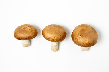 Brown champignons on a white background. Champignon variety. Healthy vegetarian food.