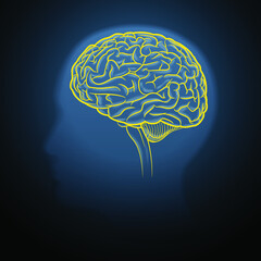 Dark gray background yellow brain streaks within a human head profile.