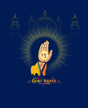 Happy Gurpurab. Indian sikh god Guru Nanak Dev Jayanti Prakash Parv festival celebration background 