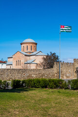 flag and temple in Abkhazia, an independent republic in the Caucasus