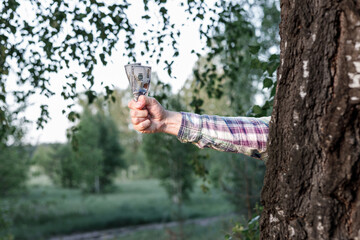 a hand sticks out from behind the trunk of a birch and offers money. luring to nature for money