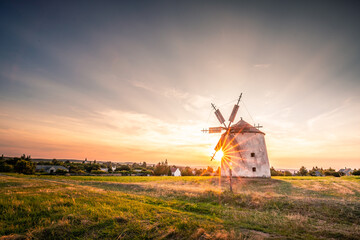 Windmill in the sunset with flowers. in the evening these mills are in a great landscape in Hungary...