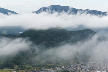 Takeda Castle on mountain in Japan