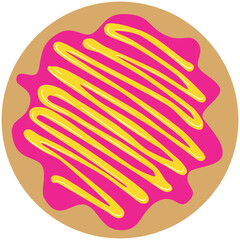 Graphic of a pale brown doughnut circle covered with raspberry pink frosting icing and yellow custard zigzag piping sauce drizzle. Layered SVG illustration.