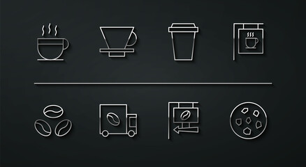 Set line Coffee cup, beans, Street signboard coffee, street truck machine, V60 maker, Cookie or biscuit and to go icon. Vector