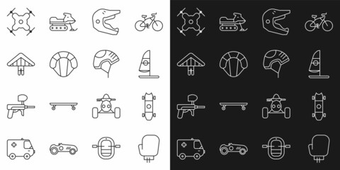 Set line Boxing glove, Longboard or skateboard, Windsurfing, Motocross motorcycle helmet, Parachute, Hang glider, Drone flying and Helmet icon. Vector