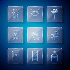 Set line Street signboard with Bar, Effervescent tablets in water, Alcohol drink Rum bottle, Cocktail, Beer tap glass, Champagne, Bottles of wine and Wine icon. Vector