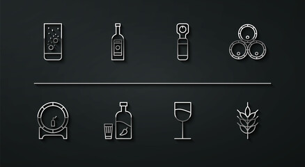 Set line Effervescent tablets in water, Wooden barrel on rack, barrels, Wine glass, Vodka with pepper and, Glass bottle of vodka, Hop and Bottle opener icon. Vector