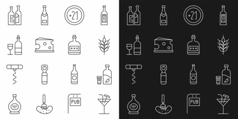 Set line Cocktail, Vodka with pepper and glass, Hop, Alcohol 21 plus, Cheese, Wine bottle, Bottles of wine and drink Rum icon. Vector
