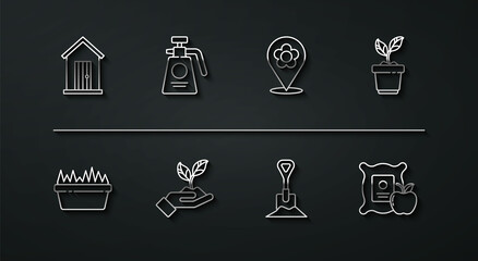 Set line Farm house, Fresh grass in rectangular, Plant pot, Shovel the ground, hand of environmental, Garden sprayer for fertilizer, Apple sack and Location with flower icon. Vector