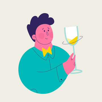 Single illustration from a set of white wine tasting. Cute man is swirling white wine glass. Vector trendy isolated illustrations for design.