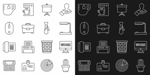 Set line Cactus and succulent in pot, Monitor with text work, Table lamp, Chalkboard diagram, Briefcase, Computer mouse, Cup of tea tea bag and Tie icon. Vector
