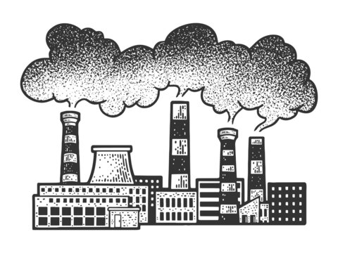 smoke over factories sketch engraving vector illustration. T-shirt apparel print design. Scratch board imitation. Black and white hand drawn image.