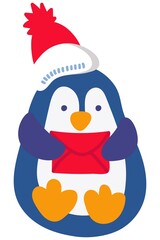 Cute hand-drawn penguin with a red envelope. White background, isolate. Vector illustration.