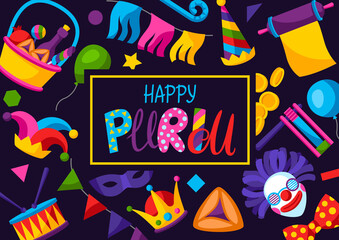 Happy Purim Jewish holiday greeting card. Background with traditional symbols.