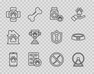 Set line Veterinary clinic, Hamster wheel, Bag of food, Dog pill, Pet award, Anti worms parasite and bowl icon. Vector
