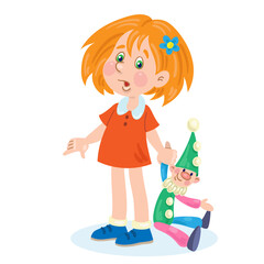 Funny little girl with a toy clown. In cartoon style. Isolated on white background. Vector flat illustration.