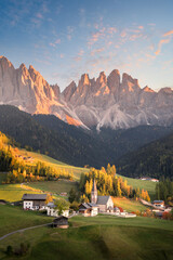 Funes valley with Odle Mountains Group. Santa Magdalena di Funes, Bozen province, South Tyrol,...