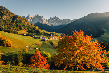 Funes valley with Odle Mountains Group. Santa Magdalena di Funes, Bozen province, South Tyrol, Italy.