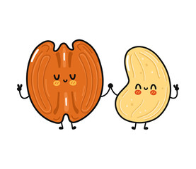 Cute, funny happy pecan and cashew character. Vector hand drawn cartoon kawaii characters, illustration icon. Funny cartoon pecan and cashew friends concept