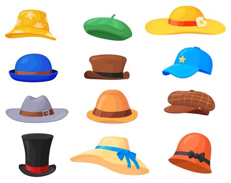 Cartoon headgears. Hats fashion clothes, man and woman headwear, summer female straw hat, vintage colorful isolated retro cap wear lady head, neat vector illustration