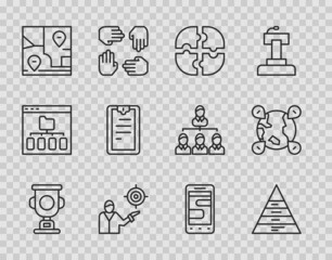 Set line Award cup, Pyramid chart infographics, Piece of puzzle, Marketing target strategy, Folded map with location, Clipboard checklist, Chat messages phone and Location the globe icon. Vector