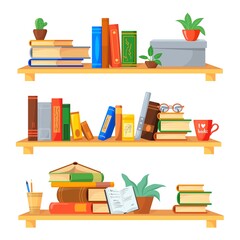 Stacks books shelf. Book interior room library, bookshelf bookcase rack, shelves bookstore office, wall with bookshelves, furniture cabinet, flat icon neat vector illustration © ssstocker