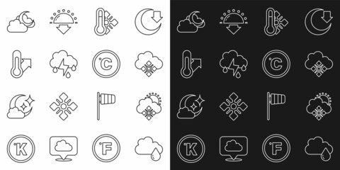 Set line Cloud with rain, snow and sun, Meteorology thermometer, lightning, moon and Celsius icon. Vector
