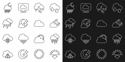 Set line Sunset, Cloud with rain, moon, and lightning, and icon. Vector