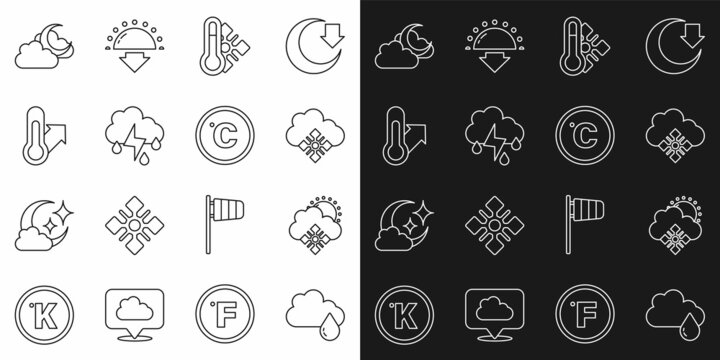 Set line Cloud with rain, snow and sun, Meteorology thermometer, lightning, moon and Celsius icon. Vector