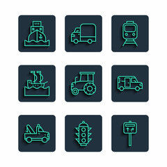 Set line Tow truck, Traffic light, Road traffic signpost, Train and railway, Tractor, Sailboat, Cargo ship and Minibus icon. Vector