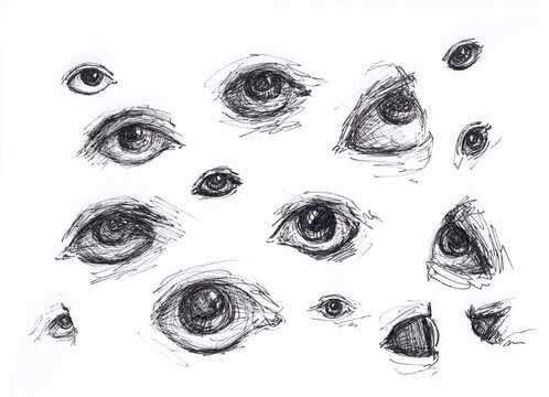 Ink drawing of different human eyes. Abstract artwork on paper. Psychedelic painting for card, print, eye health poster, wall decoration, tattoo. Doodle design elements. Monochrome art on paper.