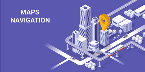 City map route navigation online with point locator, City isometric plan with road and buildings, GPS, World Map, city landmarks. Isometric smart city concept. 3d vector illustration