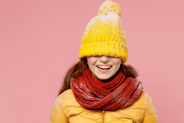 Smiling fascinating charming laughing fun young woman 20s years old wears yellow jacket hat mittens...