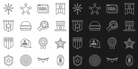 Set line American Football ball, USA Independence day, Patriotic top hat, on browser, Burger, flag, Firework and icon. Vector