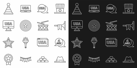 Set line Man hat with ribbon, USA Independence day, Trumpet, label, American star shield, monitor, Party and Drum and drum sticks icon. Vector