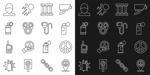 Set line Location peace, Peace, Pepper spray, Prison window, Gas mask, Hand grenade, Vandal and Walkie talkie icon. Vector