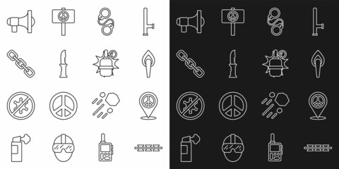 Set line Barbed wire, Location peace, Torch flame, Handcuffs, Military knife, Chain link, Megaphone and grenade icon. Vector