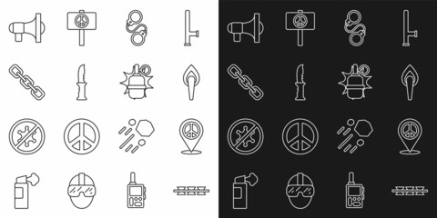 Set line Barbed wire, Location peace, Torch flame, Handcuffs, Military knife, Chain link, Megaphone and grenade icon. Vector