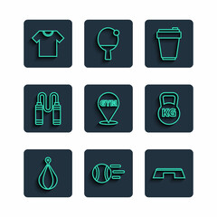 Set line Punching bag, Tennis ball, Step platform, Fitness shaker, Location gym, Jump rope, T-shirt and Kettlebell icon. Vector