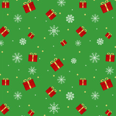 Seamless pattern with red present and snowflakes. Christmas green background. Vector illustration