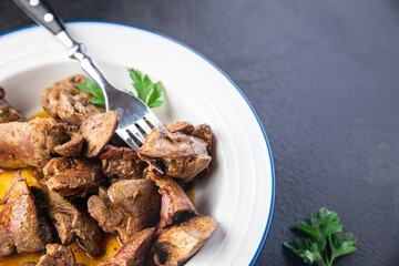 chicken liver food fried or stewed offal meal snack on the table copy space background rustic. top view 