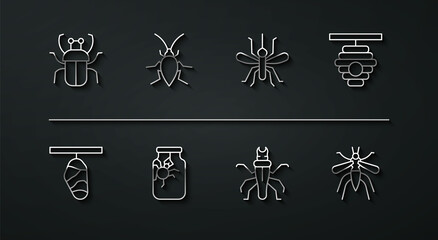 Set line Stink bug, Butterfly cocoon, Hive for bees, Termite, Spider jar, Cockroach, Mosquito and icon. Vector