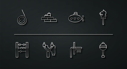 Set line Yoyo toy, Abacus, Toy horse, Basketball backboard, Slingshot, building block bricks, Rattle baby and Submarine icon. Vector