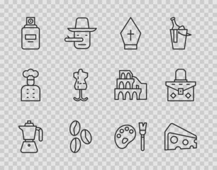 Set line Coffee moca pot, Cheese, Pope hat, beans, Perfume, Mannequin, Paint brush with palette and Handbag icon. Vector