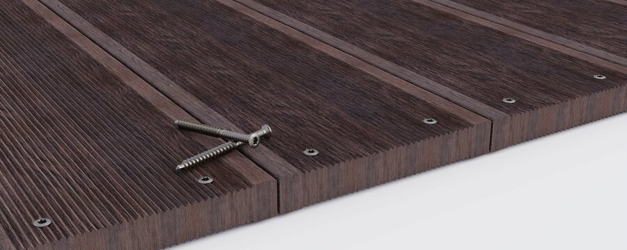 terrace decking closeup with wooden planks and metal screws
