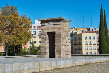 Fototapeta premium First portal detail of the Temple of Debod at daylight. Madrid, Spain.