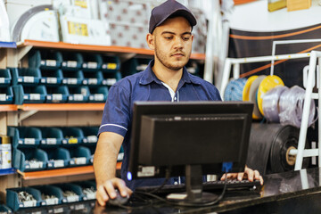 Young latin man working in hardware store - obrazy, fototapety, plakaty