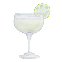 Watercolor hand painted white cocktail in glass on long stalk with slice of green lime. Isolated clip art element of refreshment for decoration menu in restaurant, cafe. Alcohol beverage drink